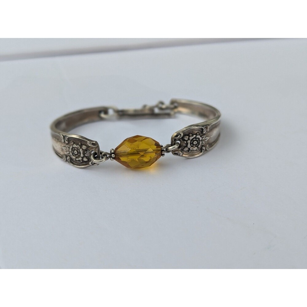 Vintage Silverplate Spoon Jewelry Bracelet Amber Bead Accent Art Deco